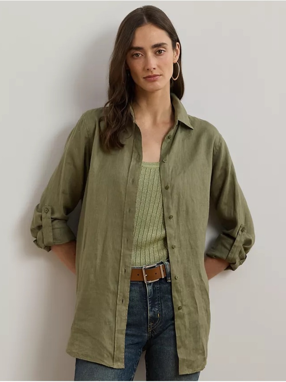 NWT Ralph Lauren Sage Olive Green Relaxed Fit Linen Roll-Tab Shirt Size XXS